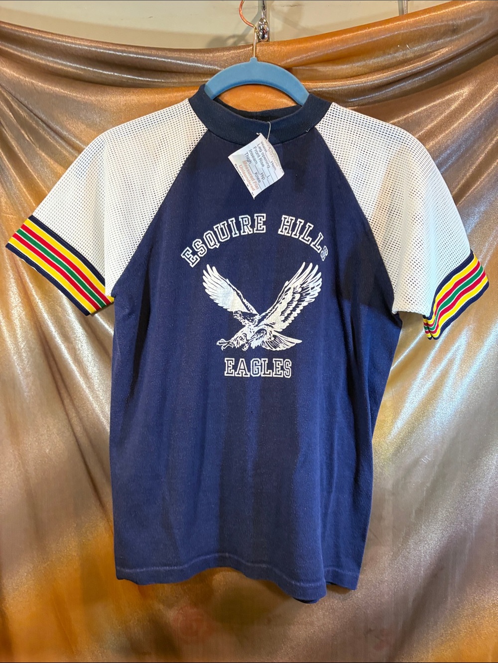 Vintage jr high Esquire Hills Eagles Navy Raglan Tee White Mesh Sleeves. Box YY